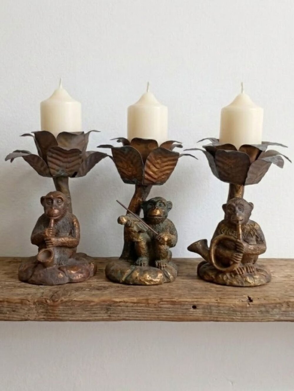 Vintage Sterling Industries Monkey Musician Candle Holders Set of 3 Gold Resin